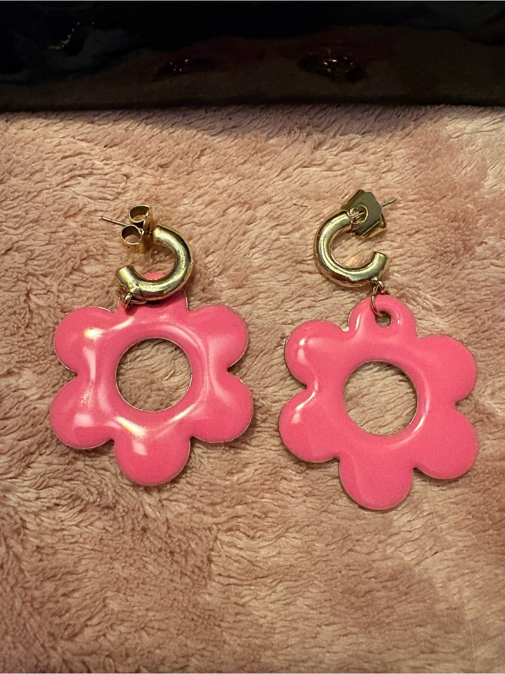 TOVA Pink Flower Huggie Hoop Drop Earrings